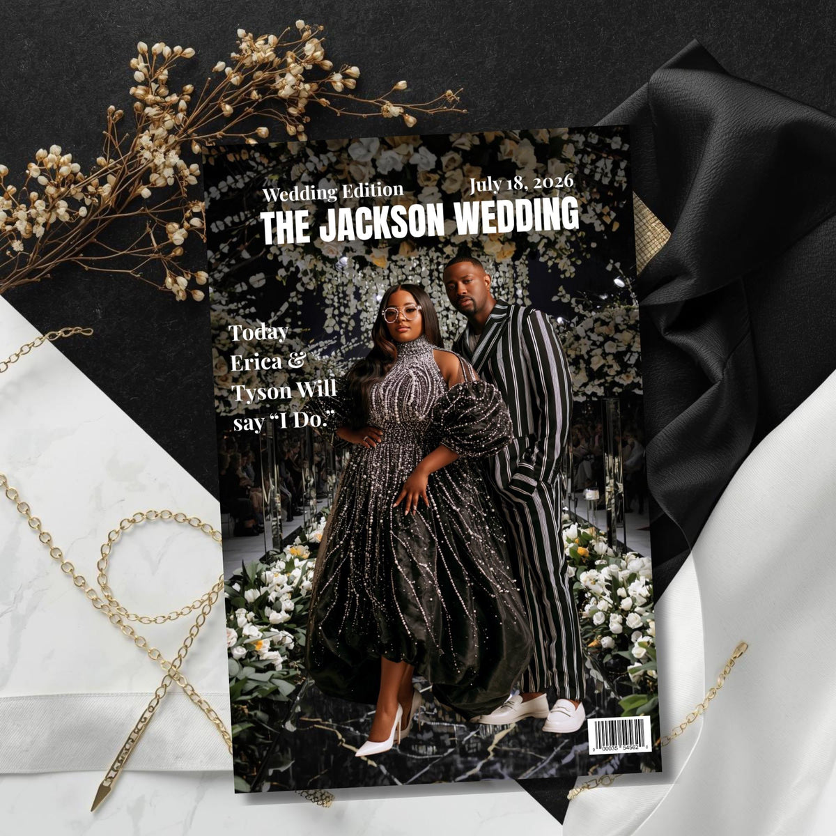 Black and white wedding magazine program cover with couple photo and event title