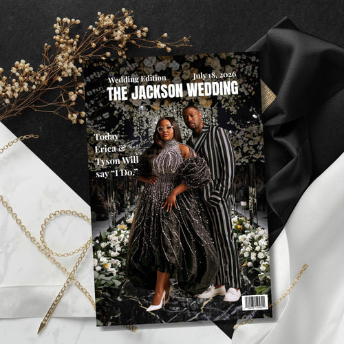 Black and white wedding magazine program cover with couple photo and event title