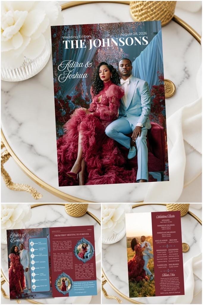 Personalized wedding program cover card with couple photo and dark floral backdrop