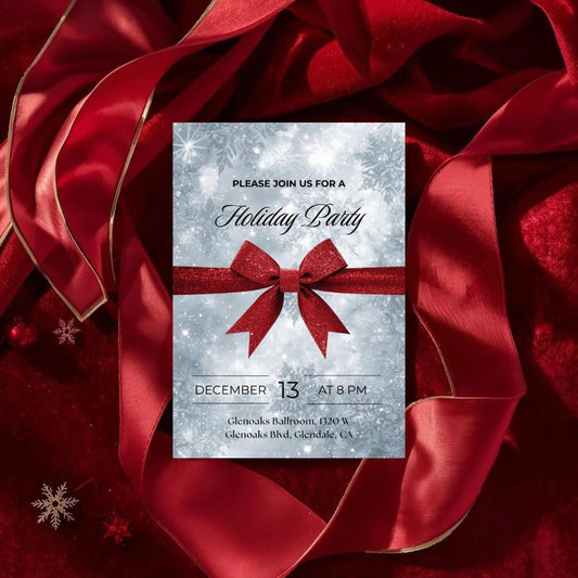 Classic Holiday Party Invitation | Red Bow & Snowflakes Canva Template