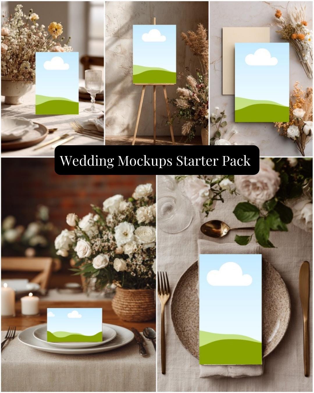 Wedding invitation template mockup bundle with landscape cards featuring cloud and green hills