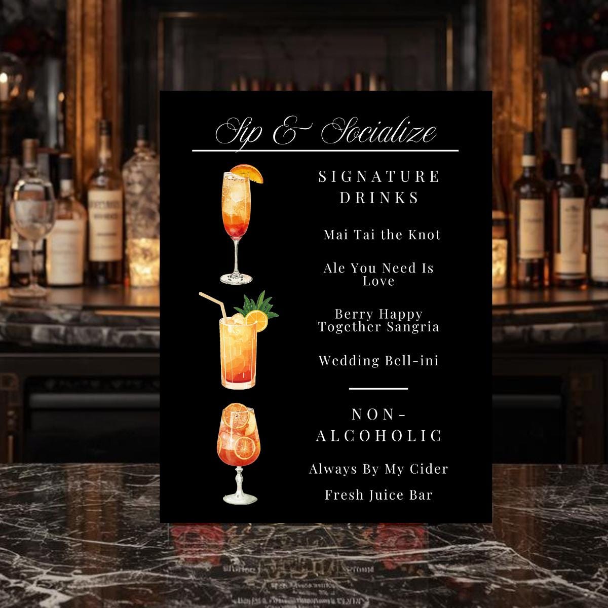 Black wedding bar menu sign with cocktail icons and drink list, 'Sip & Socialize' text
