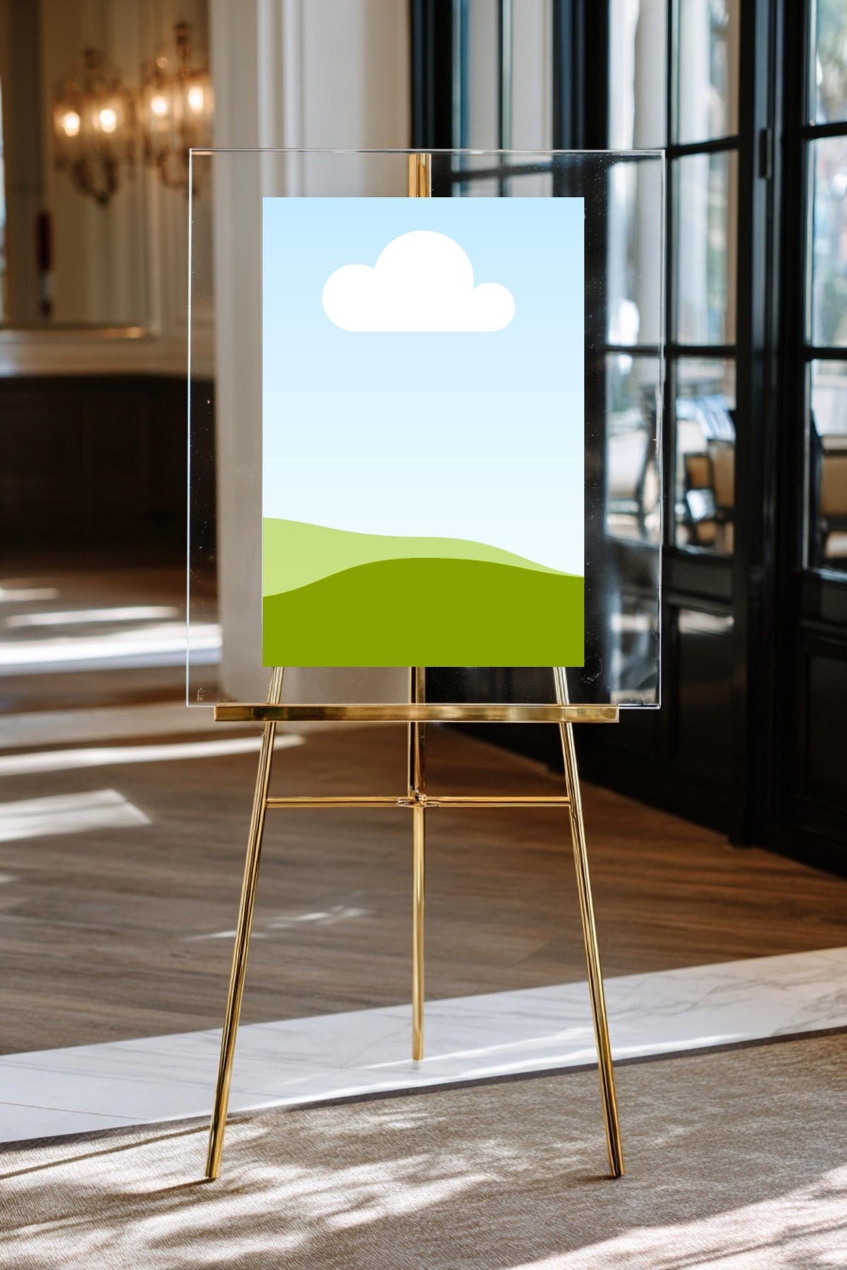 Wedding welcome card mockup on easel with blue-sky and green-hills design