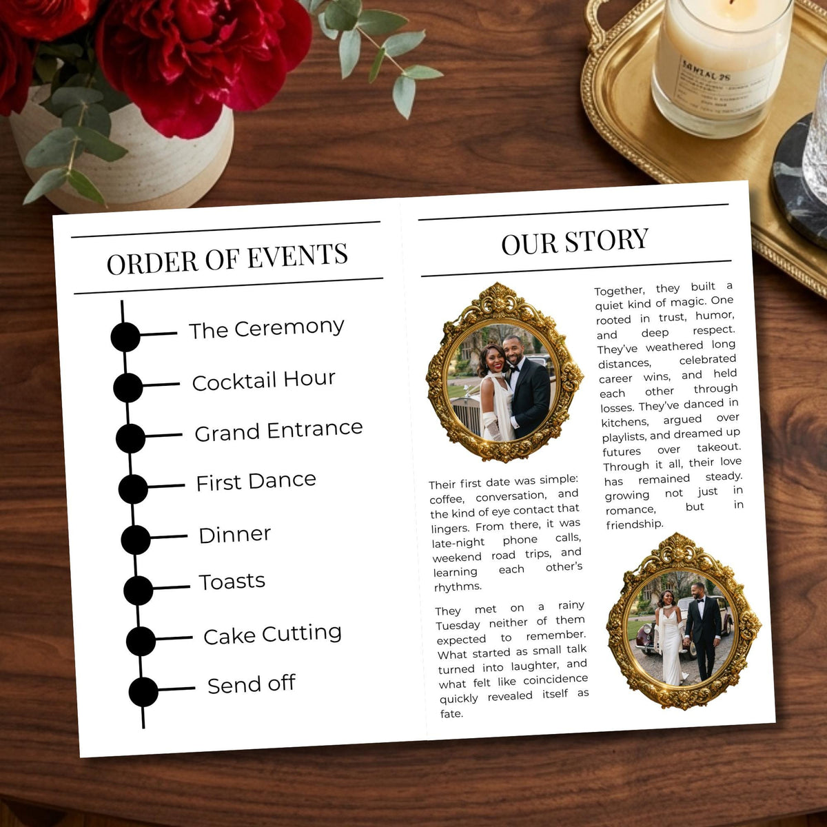 Open wedding program pages with Order of Events list and Our Story section
