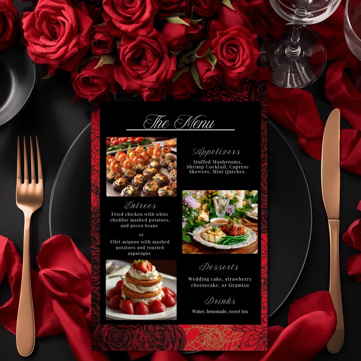 Wedding menu template with black and red floral layout, menu sections with food photos